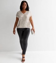 New Look Curves Silver Sequin V Neck Top